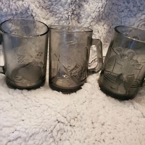 Vintage 1970 McDonald's Set of 3 Smoked Gray Glass Coffee Mugs Sports Edition